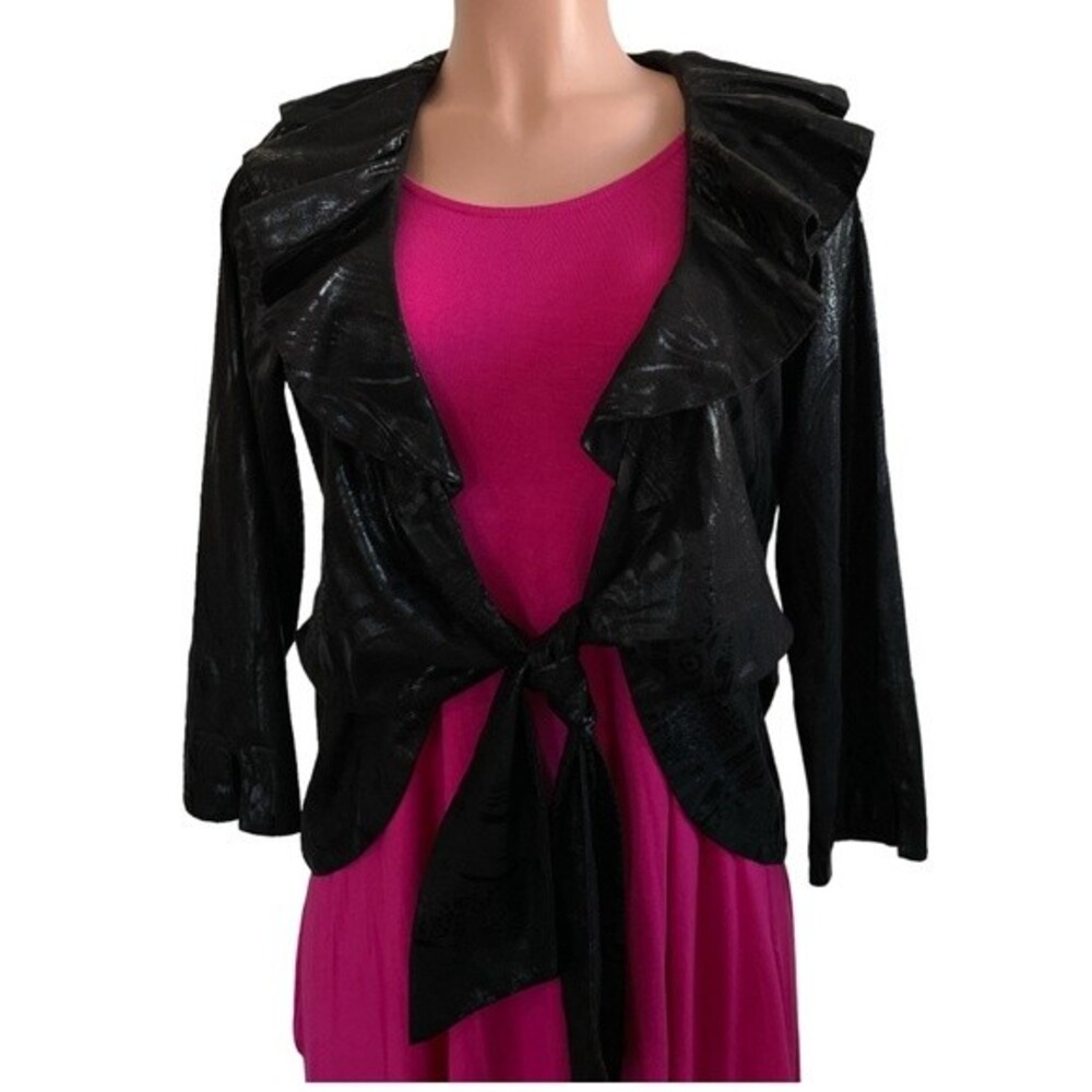 NWT MISHCA Tie Front Jacket Topper Black Tonal Animal Print Ruffle Size Small
